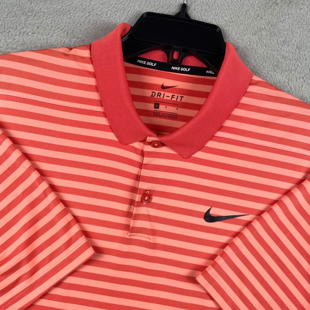 Nike Dri-Fit Polo Shirt Mens Large Orange Striped Preppy Golf Wicking Stretch